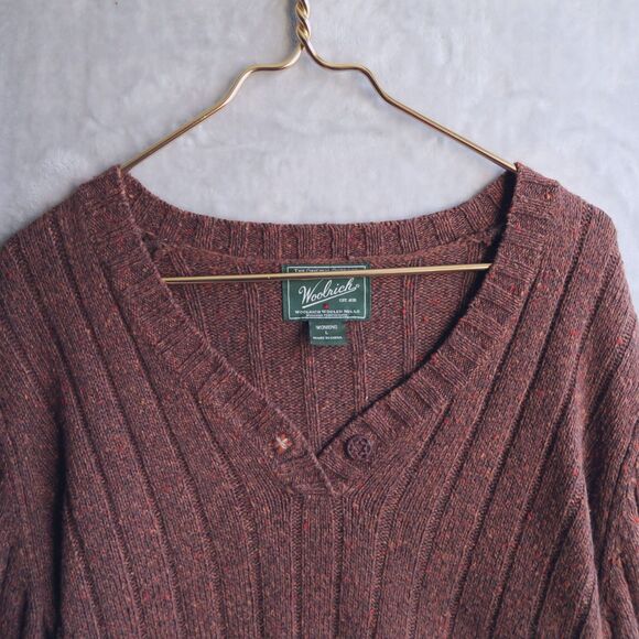 WOOLRICH Marled Chocolate Brown Sweater Size L Boxy Wool Blend Embroidered Rib - Picture 6 of 11